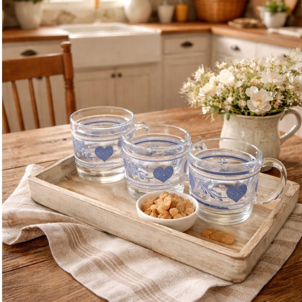Vintage French Glass‎ Heart Mugs Set of 3 Blue White Stripe Clear